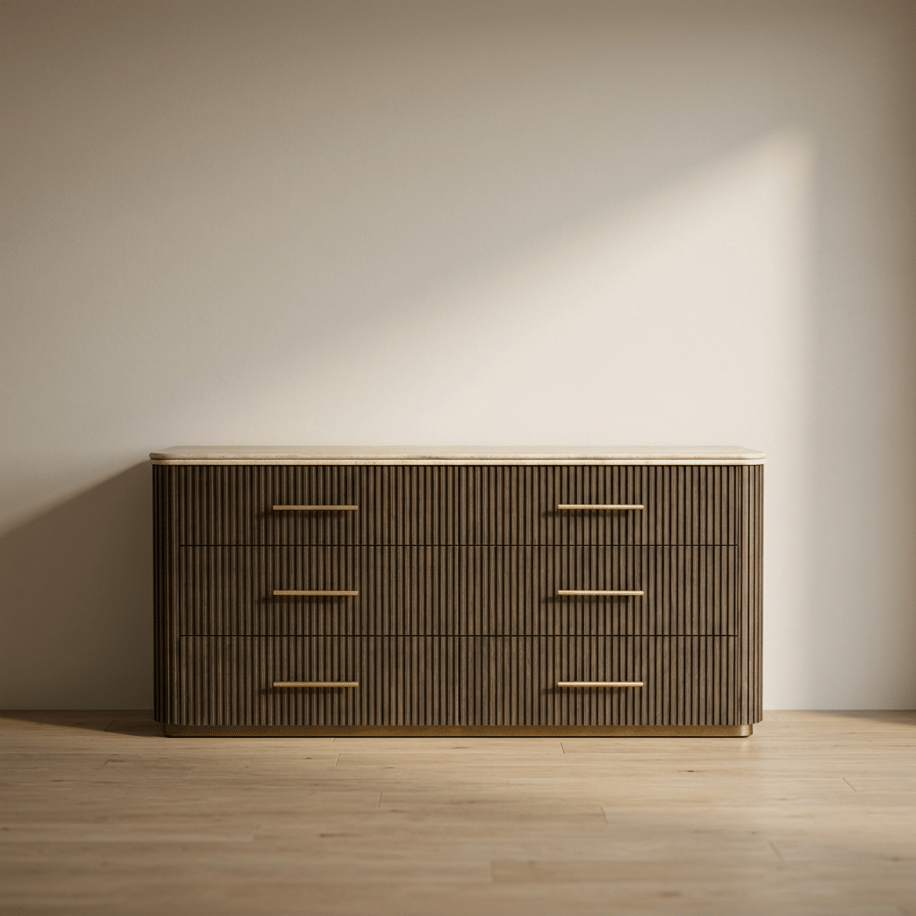 luxury dresser dubai ultra-luxury Dubai style wardrobe with integrated dresser mirror,  full-height wardrobe in rich wooden finish with carved panels,